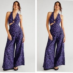 NWOT Free People Kira Jumpsuit Purple/Black Wide Leg Retro Z90-33